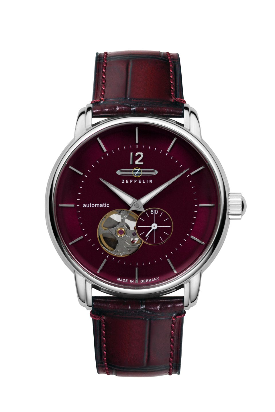 Herrenuhr mit dunkelrotem Zifferblatt und Lederarmband, Automatik mit Offenem Herz