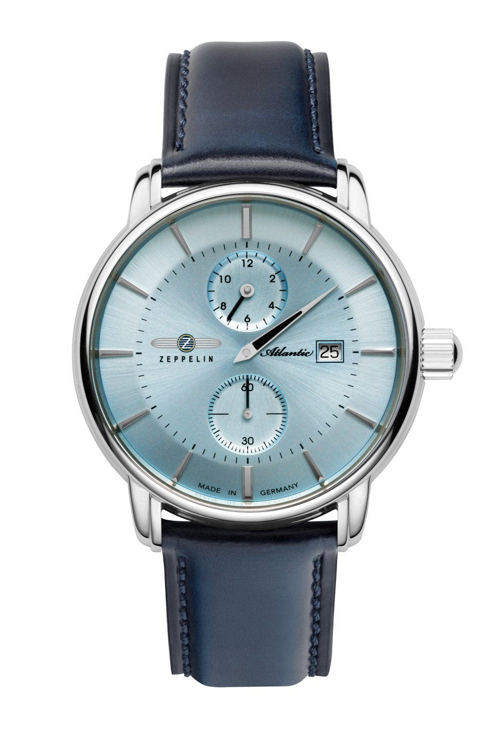 Zeppelin Atlantic Herrenuhr mit Eisblauem Zifferblatt, dunkelblauem Lederarmband