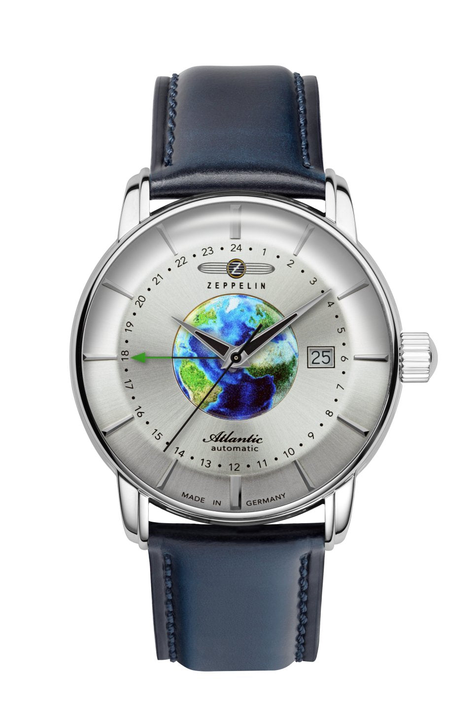 Herrenuhr Zeppelin Atlantic mit blauem Lederband und silbernem Zifferblatt mit GMT-Anzeige