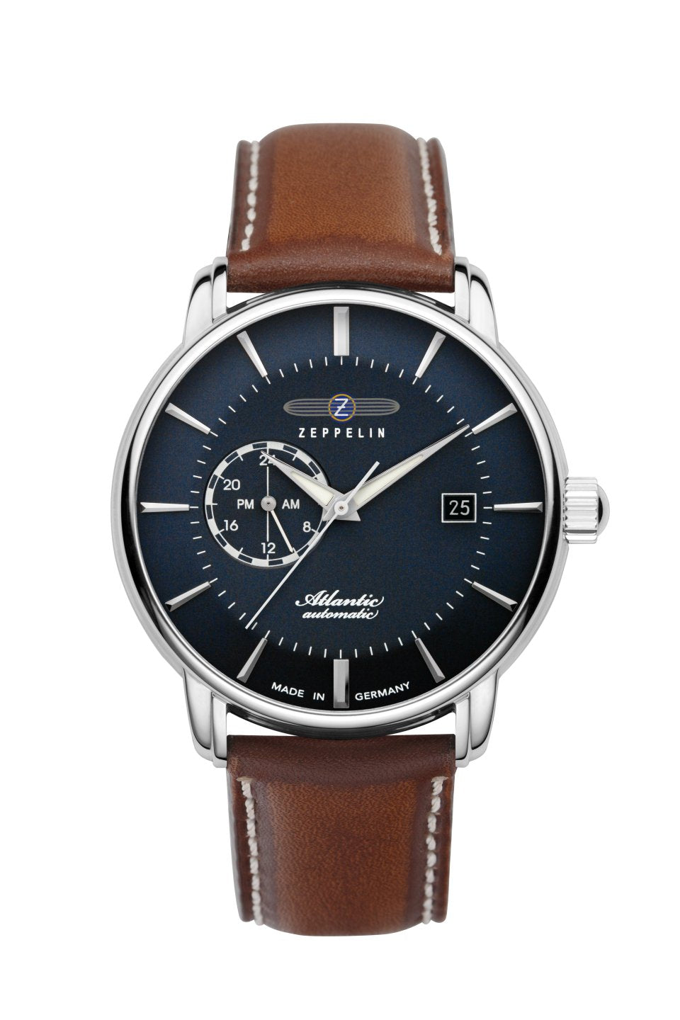 Zeppelin Herrenuhr: blaues Zifferblatt, braunes Lederband, rundes Edelstahlgehäuse