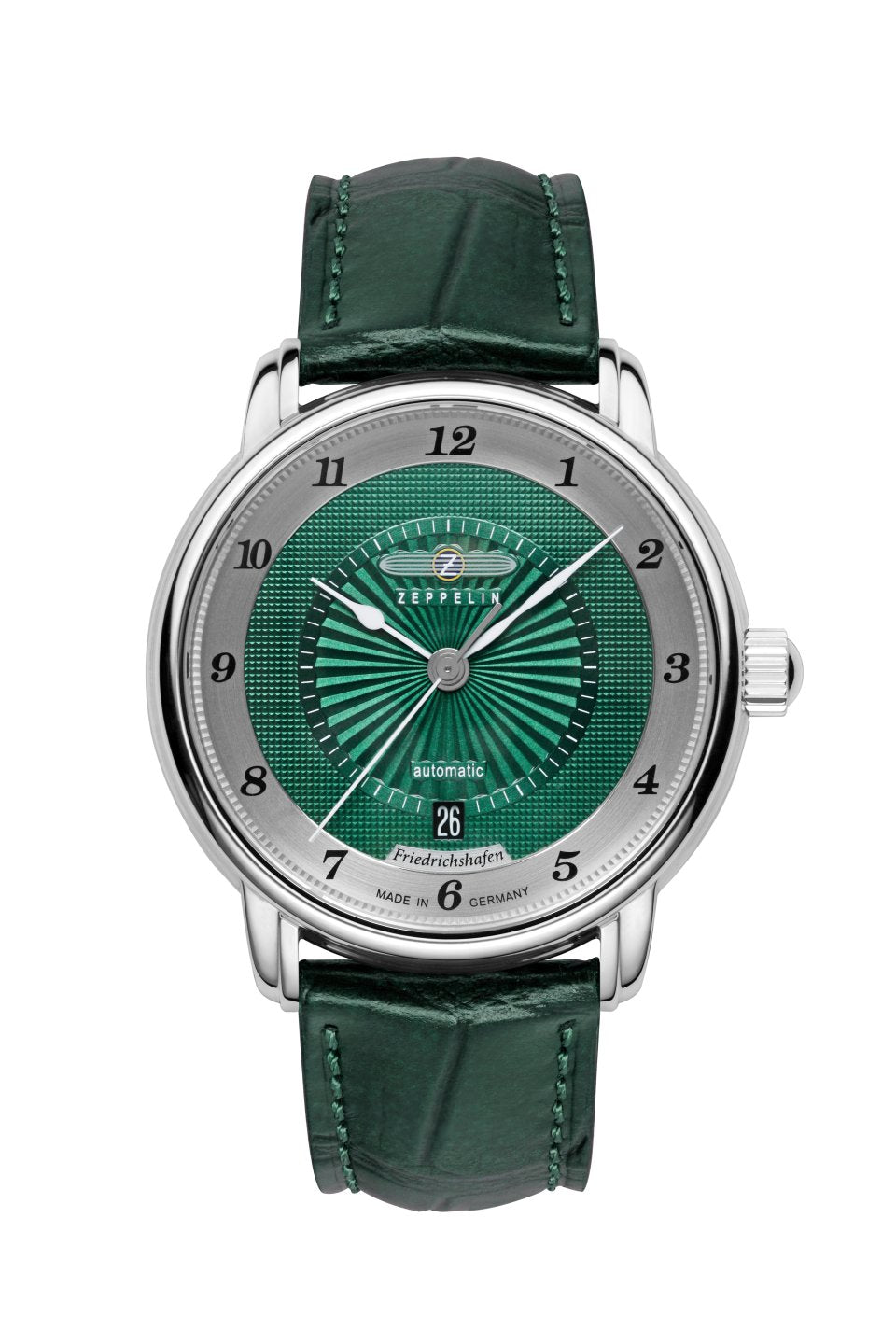 Herrenuhr mit grünem Lederarmband, rundem Gehäuse und grüner Zifferblatt-Optik