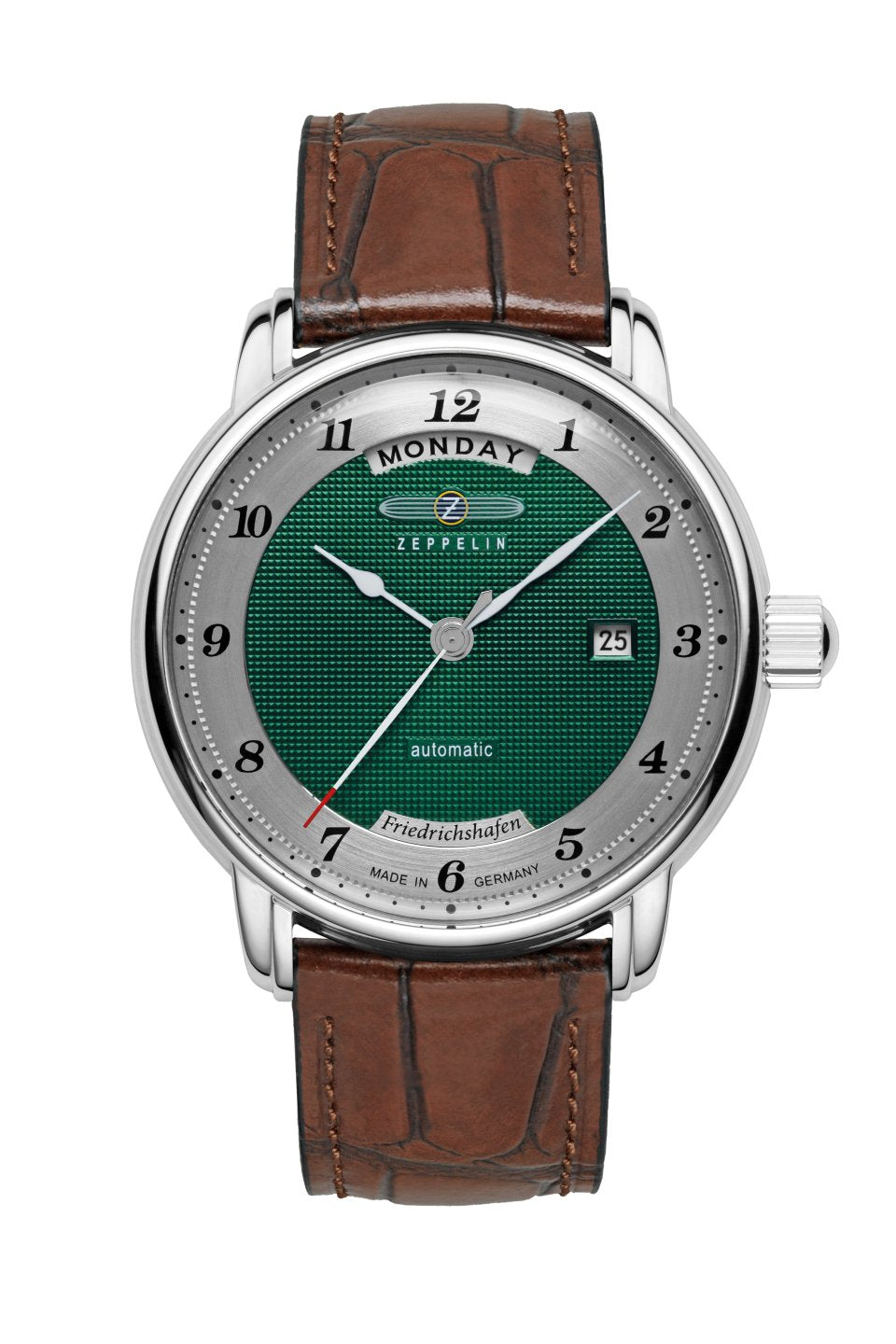 Herrenuhr mit grünem Zifferblatt, Lederarmband und silbernem Gehäuse