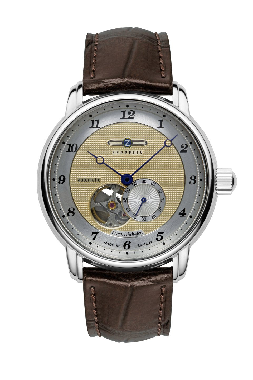 Herrenarmbanduhr von Zeppelin mit offenem Herz, goldfarbenem Zifferblatt und braunem Lederband