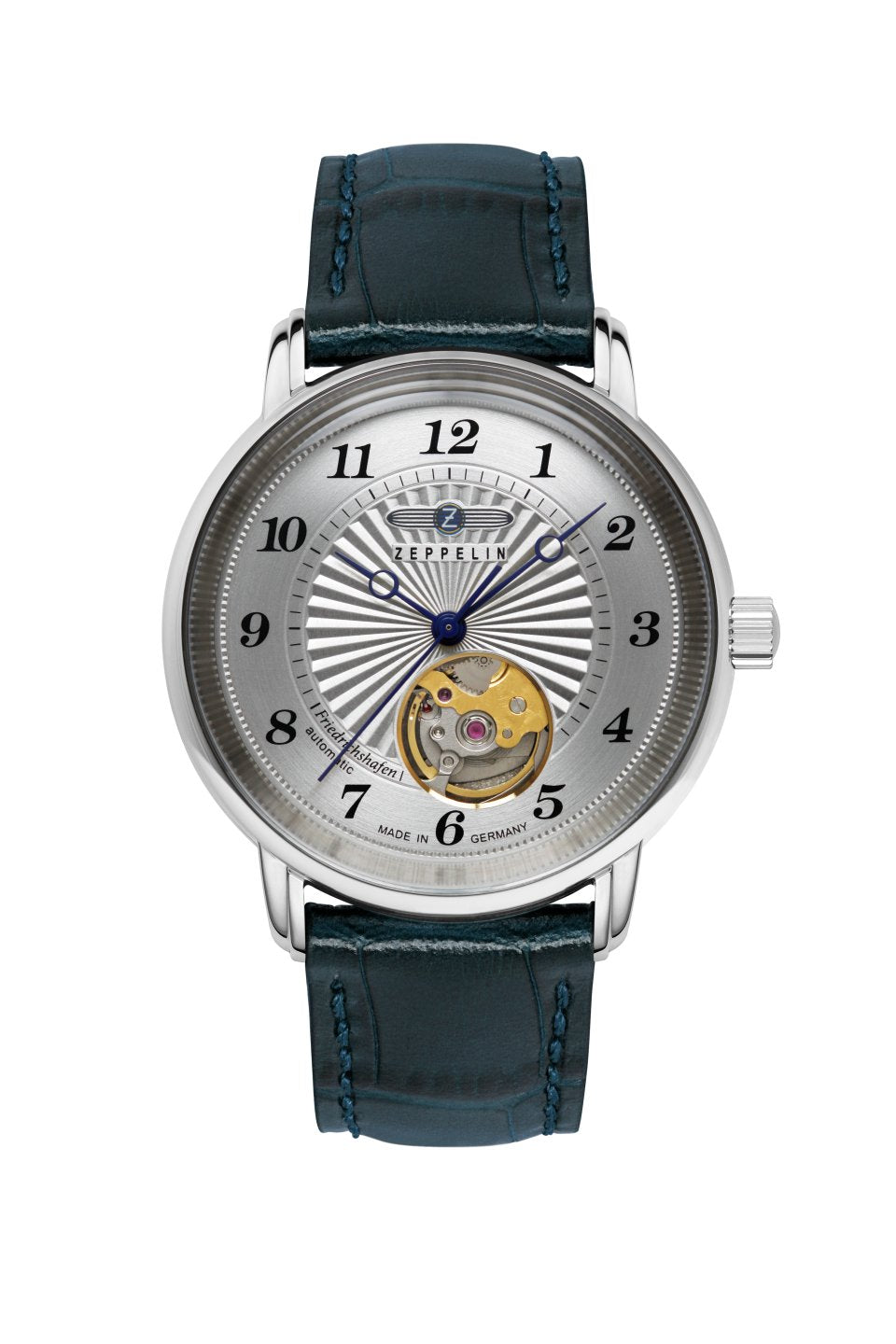 Automatik-Damenuhr mit silbernem Gehäuse, blauem Lederband und offenem Zifferblatt