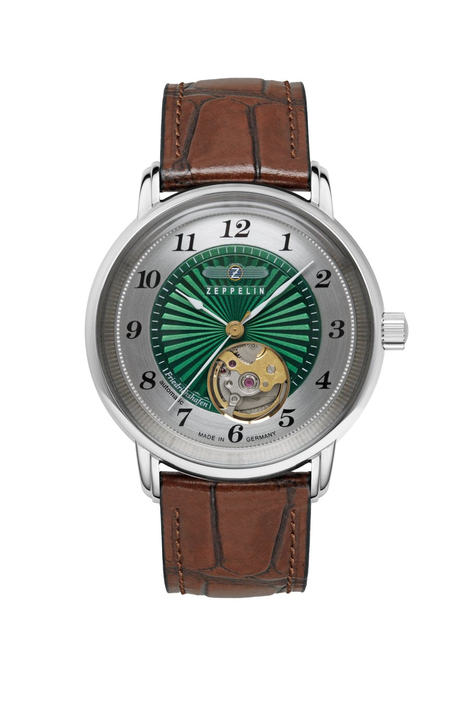 Unisex Armbanduhr mit offenem Herzen, dunkelgrünem Zifferblatt und braunem Lederband