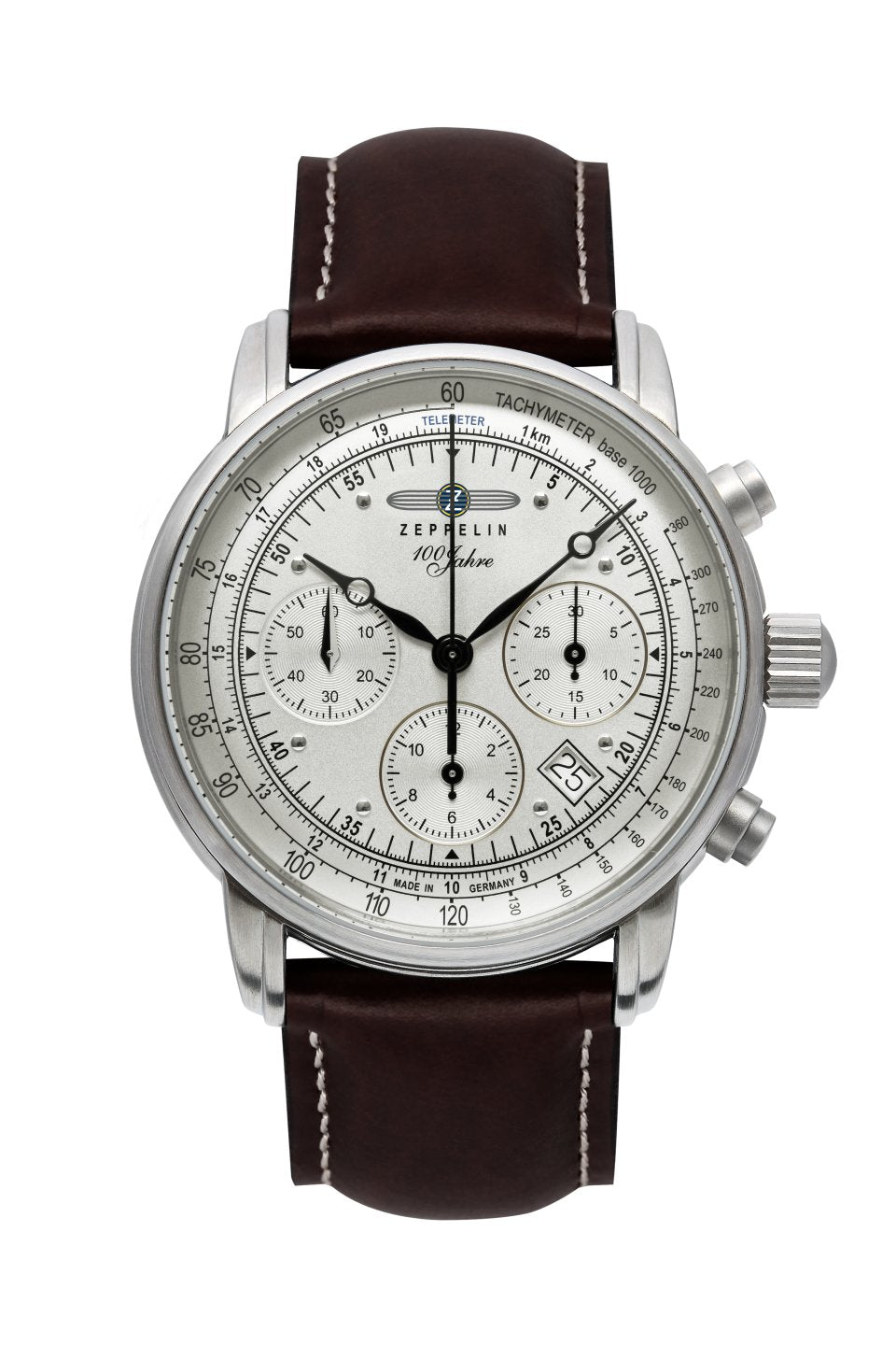Herrenarmbanduhr Chronograph mit braunem Lederband und silbernem Zifferblatt