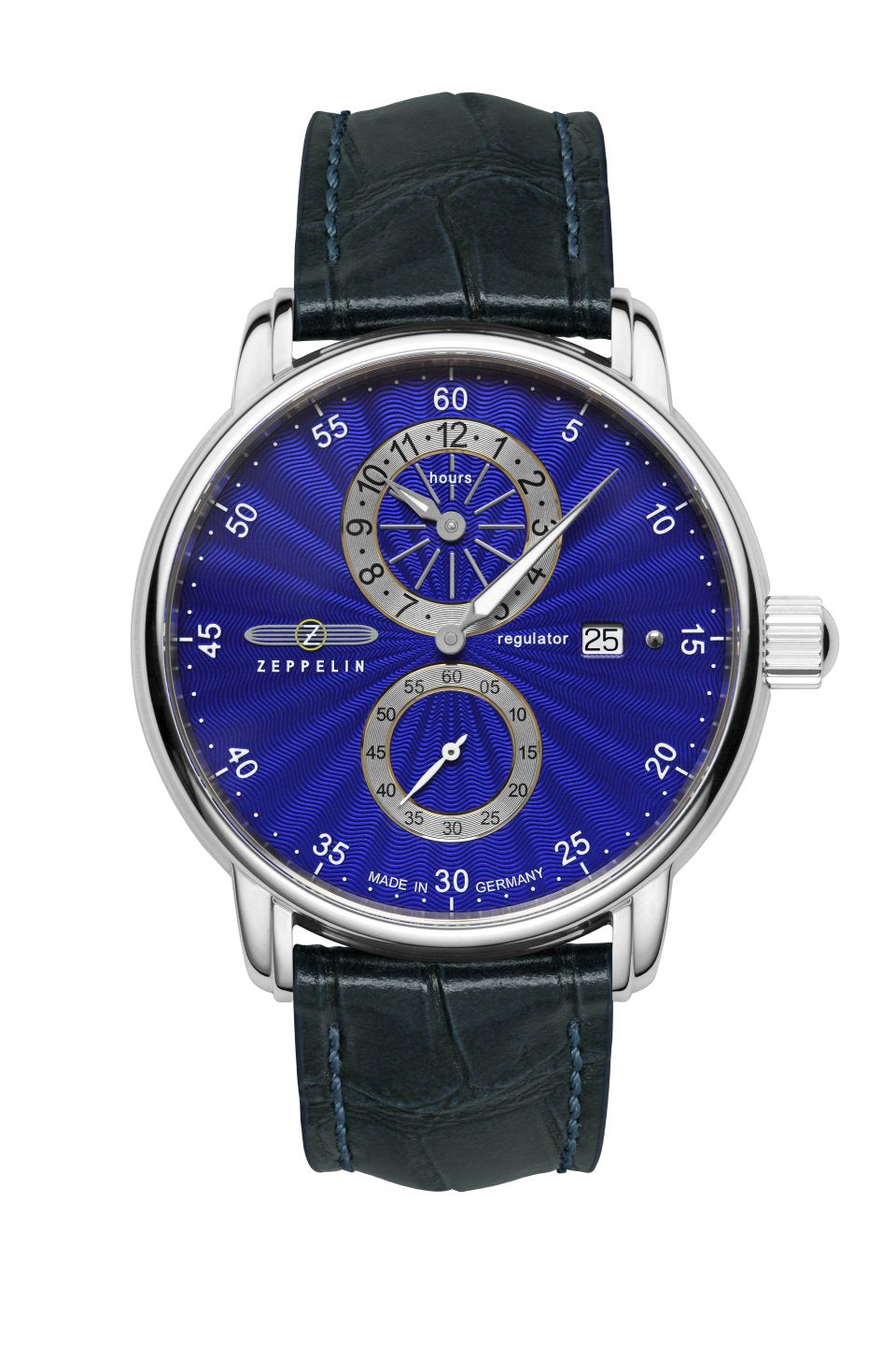 Herrenuhr mit blauem Zifferblatt und schwarzem Lederarmband, silbernes Edelstahlgehäuse.