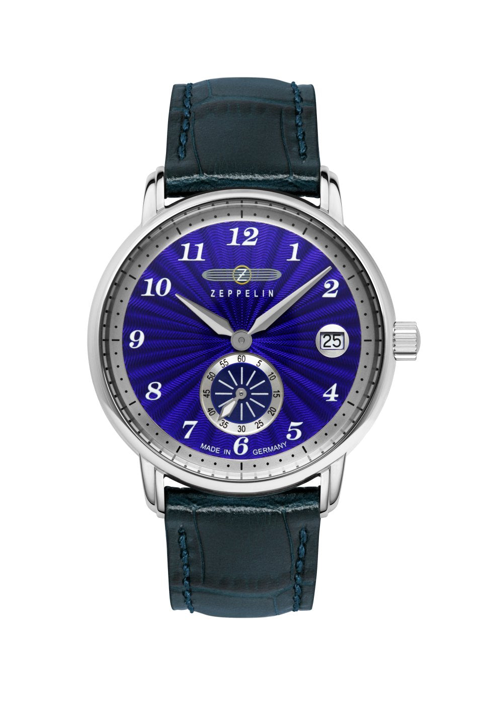 Zeppelin Damenuhr mit blauem Zifferblatt, runder Edelstahlgehäuse und blauem Lederarmband