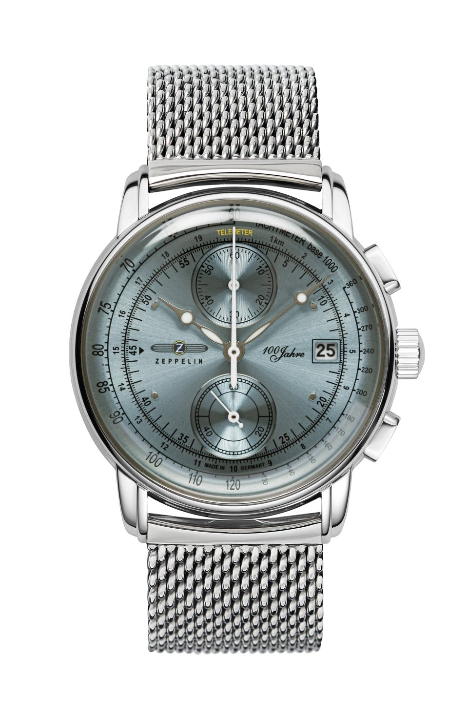 Zeppelin Herrenchronograph mit Eisblauem Zifferblatt, Edelstahl-Meshband und Chronodrückern