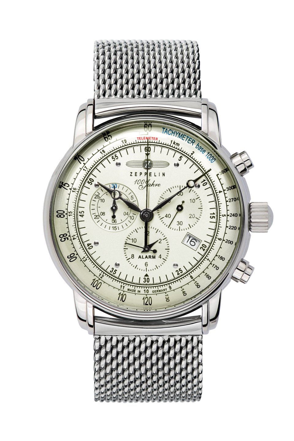 Herren-Chronograph von Zeppelin mit beigem Zifferblatt, Edelstahlgehäuse und Mesh-Armband