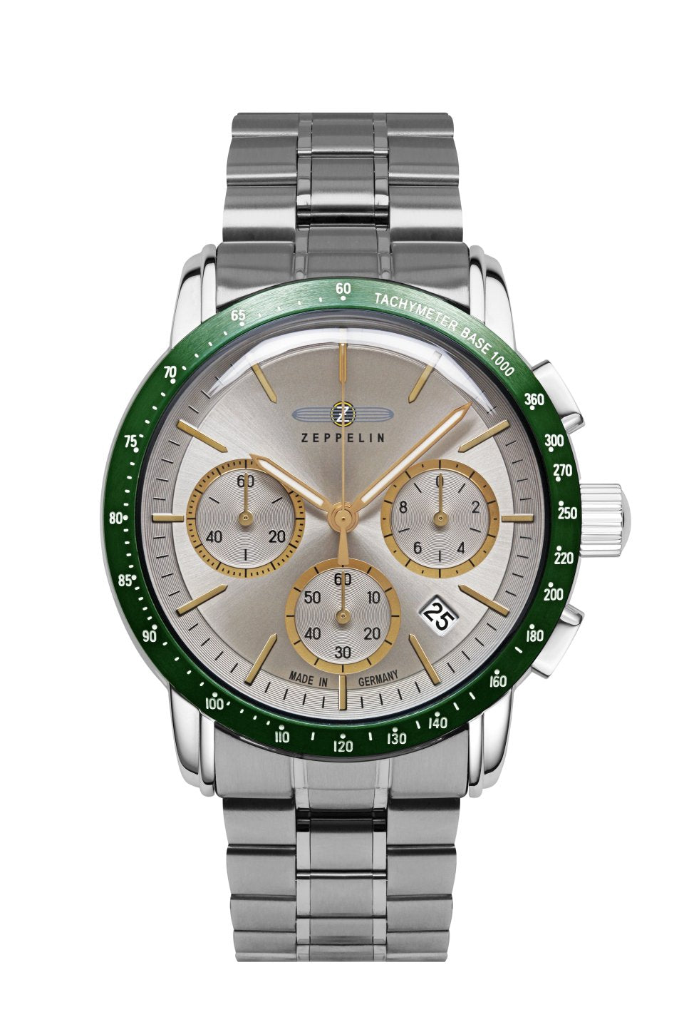 Zeppelin New York Herrenuhr mit grünem Tachymeter-Ring, Chronograph, weißem Zifferblatt, Edelstahlband