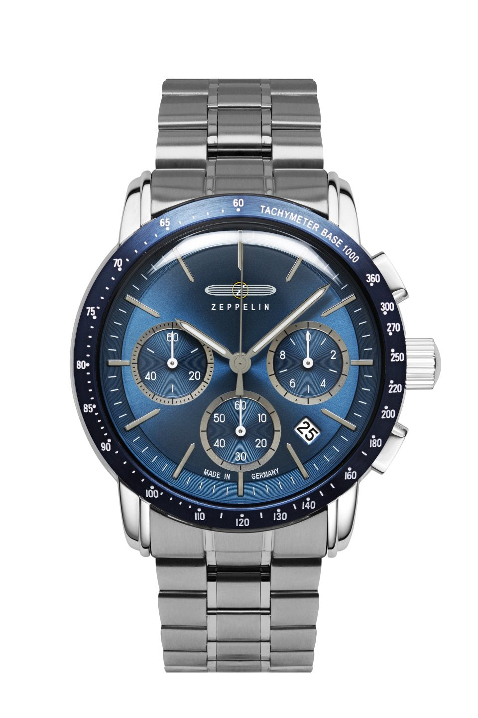 Herrenuhr-Chronograph Zeppelin mit blauem Zifferblatt, Tachymeter-Lünette, Edelstahlband