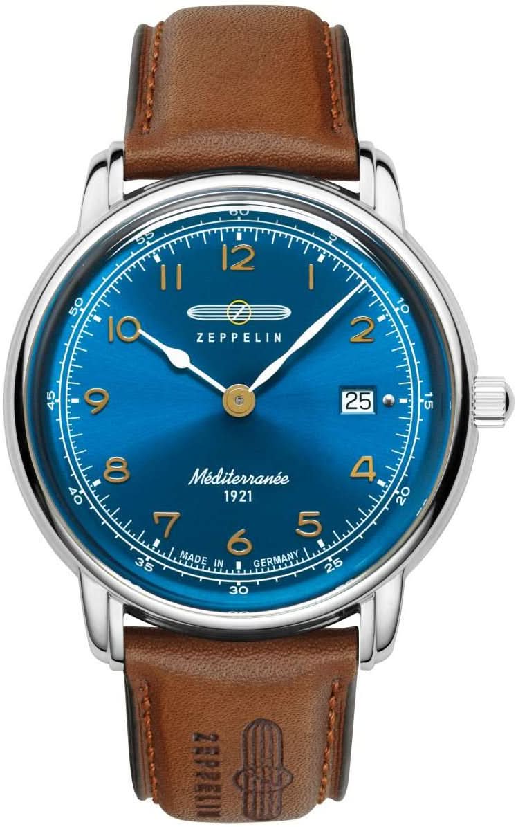 Montre pour homme : cadran bleu, bracelet en cuir marron, boîtier en acier inoxydable et guichet date