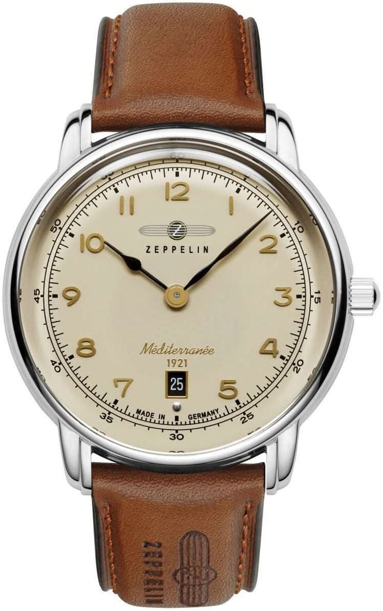 Bracelet de montre pour homme avec bracelet en cuir marron, boîtier argenté et cadran beige, Zeppelin