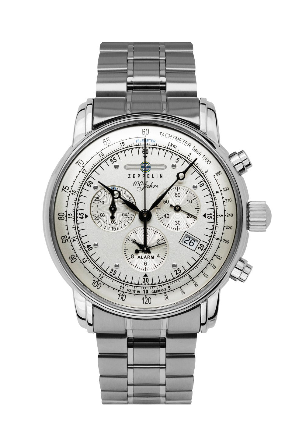 Herrenuhr mit silbernem Edelstahlarmband, hellem Chronographen-Zifferblatt mit Alarm
