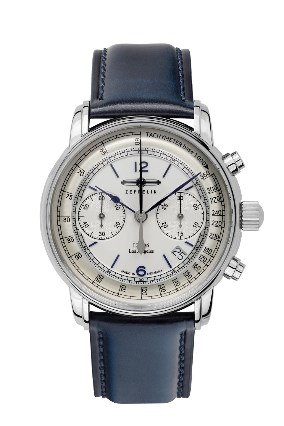 Zeppelin-Automatik-Chronograph mit silbernem Gehäuse, weißem Zifferblatt und blauem Lederband.
