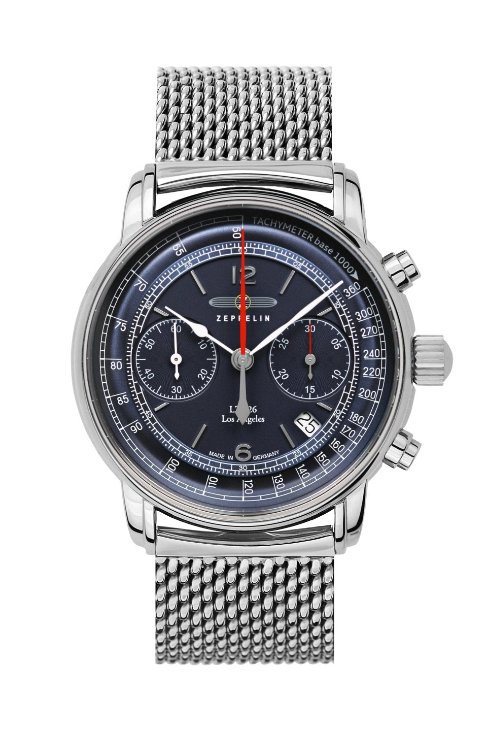 Herren-Automatikchronograph mit dunkelblauem Zifferblatt und Edelstahl-Meshband