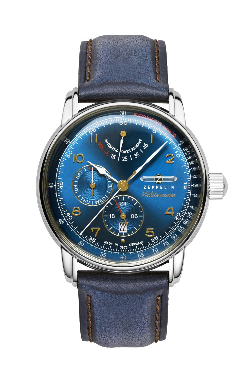Herrenarmbanduhr mit blauem Zifferblatt und dunkelblauem Lederarmband, Automatikuhr