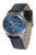Herrenarmbanduhr mit blauem Zifferblatt und dunkelblauem Lederarmband, seitliche Ansicht