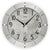Runde Wanduhr mit grauem Zifferblatt, schwarzen Zahlen, silbernen Zeigern und Punktmarkierungen.