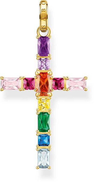 Pendentif croix avec pierres colorées - plaqué or jaune 750