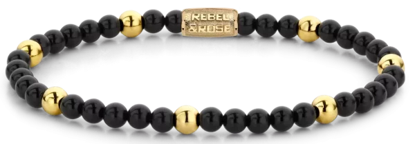 Bracelet en pierres précieuses noires et dorées avec fermoir en acier inoxydable - Modèle Rebel&Rose: RR-40043-G-S