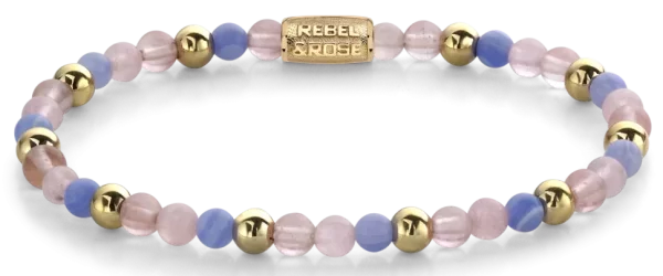 Bracelet en pierres précieuses violettes, roses et dorées avec fermoir en acier inoxydable - Modèle Rebel & Rose: RR-40056-G-S