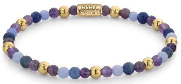 Bracelet en pierres précieuses violettes, violettes et dorées avec fermoir en acier inoxydable - Modèle Rebel&Rose: RR-40064-G-S