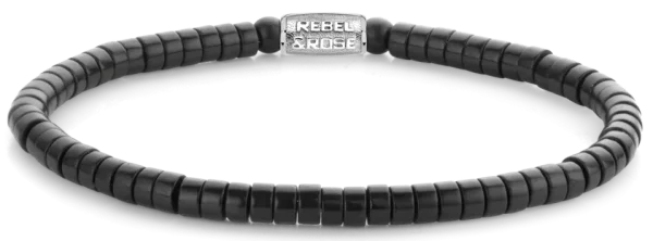 Bracelet noir en pierre noire en forme de disque avec fermoir en acier inoxydable - Modèle Rebel&Rose: RR-40073-S-M