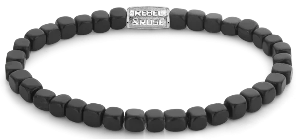 Bracelet noir en pierre noire cubique avec fermoir en acier inoxydable - Modèle Rebel&Rose: RR-40079-S-L