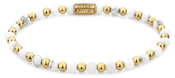 Bracelet en howlite de 4 mm et pierres dorées avec fermoir en acier inoxydable - Modèle Rebel&Rose: RR-40113-G-S
