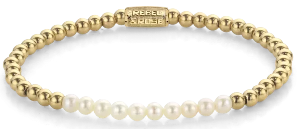 Bracelet en perles deau douce véritables de 4 mm et pierres dorées avec fermoir en acier inoxydable - Modèle Rebel&Rose: RR-40127-G-S