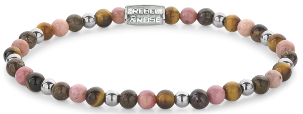 Bracelet en pierres de 4 mm (hématite, œil de tigre, rhodochrosite et bronzite) avec fermoir en acier inoxydable - Modèle Rebel&Rose: RR-40128-S-M