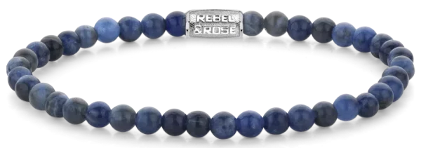 Bracelet en pierres précieuses de Sodalite de 4 mm avec fermoir en acier inoxydable - Modèle Rebel&Rose : RR-40130-S-S