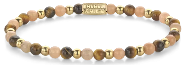 Bracelet en pierres de 4 mm (oeil de tigre, pierre de soleil, pierres dorées) et fermoir en acier inoxydable - Modèle Rebel&Rose: RR-40140-G-S