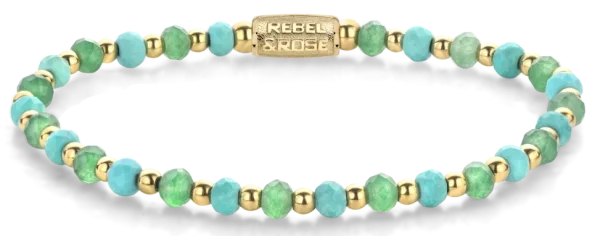 Bracelet en perles facettes de turquoise et aventurine verte de 4 mm avec fermoir en acier inoxydable - Modèle Rebel&Rose: RR-40143-G-S