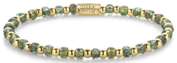 Bracelet en pierres de verre vertes de 4 mm, petites pierres en acier inoxydable plaqué or et fermoir en acier inoxydable - Modèle Rebel&Rose: RR-40145-G-M