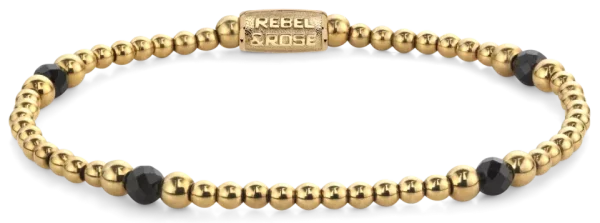 Bracelet en perles de spinelle noir facettées de 4 mm, avec des petites pierres en acier inoxydable plaqué or de 3 et 4 mm et fermoir en acier inoxydable - Modèle Rebel&Rose: RR-40151-G-M