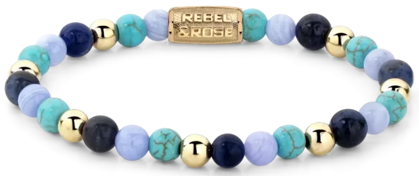 Bracelet en pierres de 6 mm de sodalite, turquoise et chalcédoine bleue avec des pierres dorées et un fermoir en acier inoxydable - Modèle Rebel&Rose: RR-60043-G-S