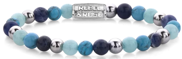Bracelet en pierres précieuses de 6 mm Sodalite, Turqurenite et Jade bleu, pierres argentées et fermoir en acier inoxydable - Modèle Rebel&Rose: RR-60056-S-S