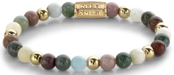 Bracelet en pierres précieuses de différentes couleurs de 6 mm et pierres dorées avec fermoir en acier inoxydable - Modèle Rebel&Rose: RR-60077-G-S