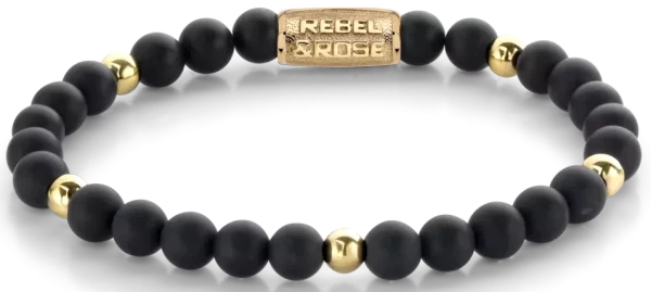 Bracelet en pierres noires et dorées de 6 mm avec fermoir en acier inoxydable - Modèle Rebel&Rose: RR-60078-G-M