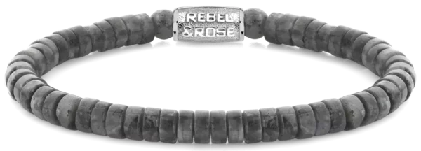 Bracelet en pierre naturelle grise en forme de disque de 6mm avec fermoir en acier inoxydable - Modèle Rebel&Rose: RR-60094-S-M