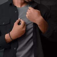 Bracelet en pierre naturelle donyx noir de 6 mm (en partie en forme de disque, en partie en forme de perle) avec fermoir en acier inoxydable noir - Modèle Rebel&Rose : RR-60107-B-L