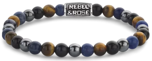 Bracelet en pierres précieuses de sodalite de 6 mm, doeil de tigre jaune, doeil de tigre bleu et dhématite grise avec fermoir en acier inoxydable gris - Modèle Rebel&Rose: RR-60110-V-M