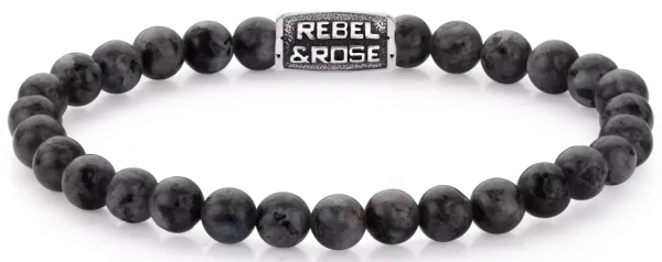 Bracelet en pierres précieuses de larvikite noire de 6 mm avec fermoir en acier inoxydable noir - Modèle Rebel&Rose: RR-60117-V-L