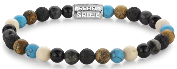Bracelet en pierres précieuses de 6 mm (agate, larvikite, pierre de lave, jaspe dimage, turquoise) avec fermoir en acier inoxydable gris - Modèle Rebel&Rose : RR-60131-S-M