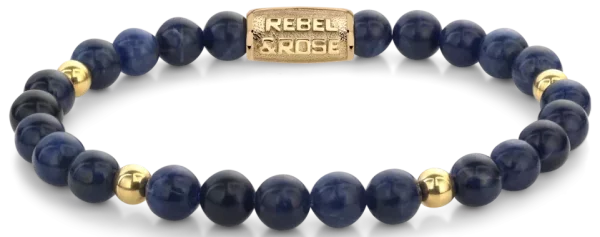 Bracelet en pierres précieuses de sodalite bleue de 6 mm de diamètre avec fermoir en acier inoxydable plaqué or - Modèle Rebel&Rose: RR-60137-G-S