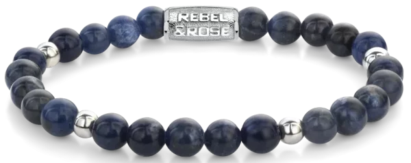 Bracelet en pierres précieuses de sodalite bleue de 6 mm avec fermoir en acier inoxydable - Modèle Rebel & Rose : RR-60138-S-S