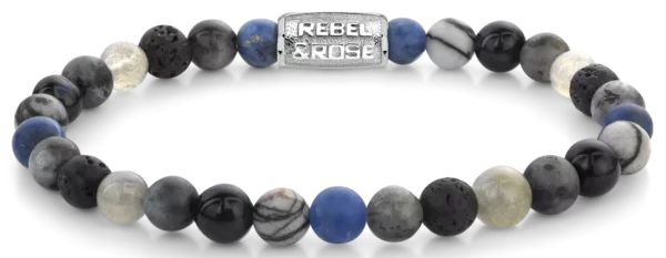 Bracelet en Sodalite bleu de 6mm, Aigue-marine, Oeil de tigre bleu, Larvikite gris, Labradorite et pierres de lave avec fermoir en acier inoxydable - Modèle Rebel&Rose: RR-60142-S-M